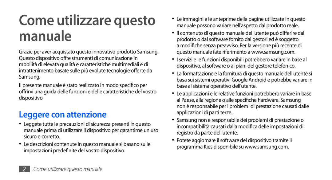 Samsung GT-S5830RWATIM, GT-S5830OKADBT, GT-S5830UWAWIN Come utilizzare questo manuale, Leggere con attenzione 