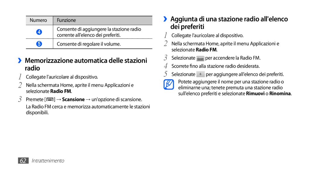 Samsung GT-S5830UWAITV, GT-S5830OKADBT, GT-S5830UWAWIN, GT-S5830XKATIM manual ››Memorizzazione automatica delle stazioni radio 