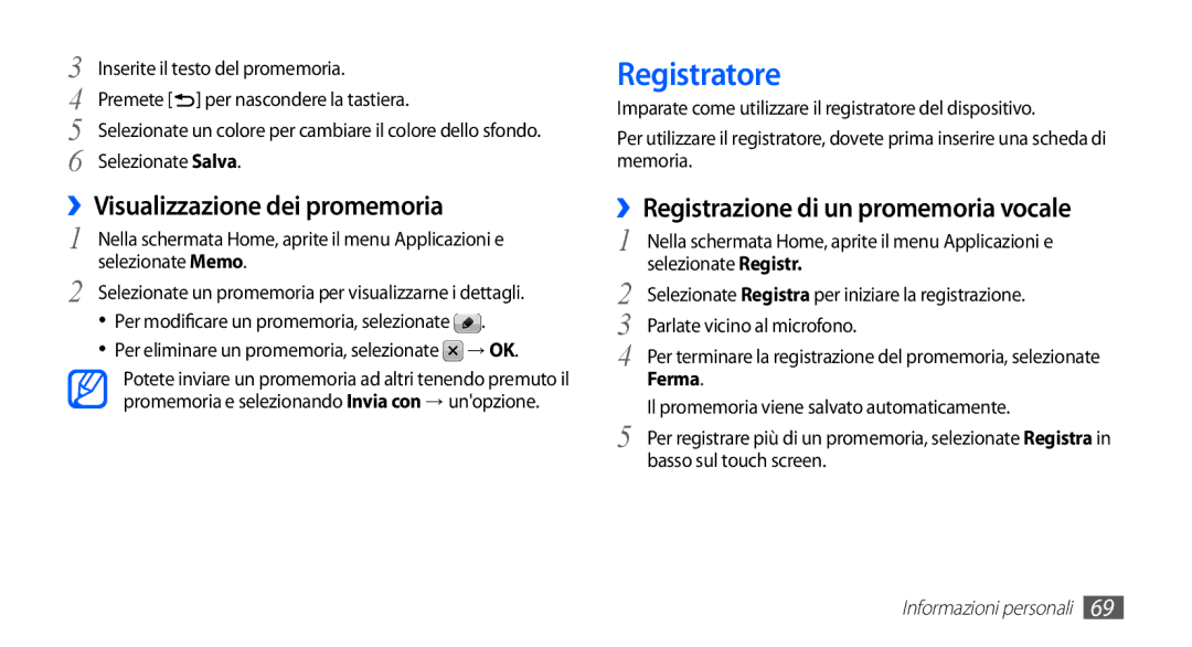 Samsung GT-S5830XKATIM manual Registratore, ››Visualizzazione dei promemoria, ››Registrazione di un promemoria vocale 