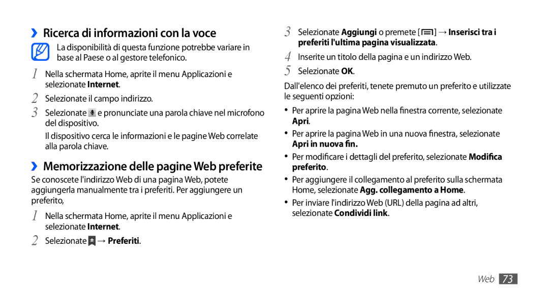 Samsung GT-S5830OKATIM ››Ricerca di informazioni con la voce, Preferiti lultima pagina visualizzata, Apri in nuova fin 