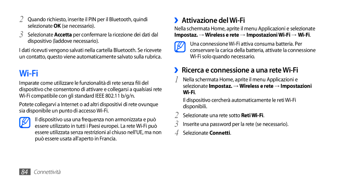 Samsung GT-S5830OKADBT, GT-S5830UWAWIN manual ››Attivazione del Wi-Fi, ››Ricerca e connessione a una rete Wi-Fi 