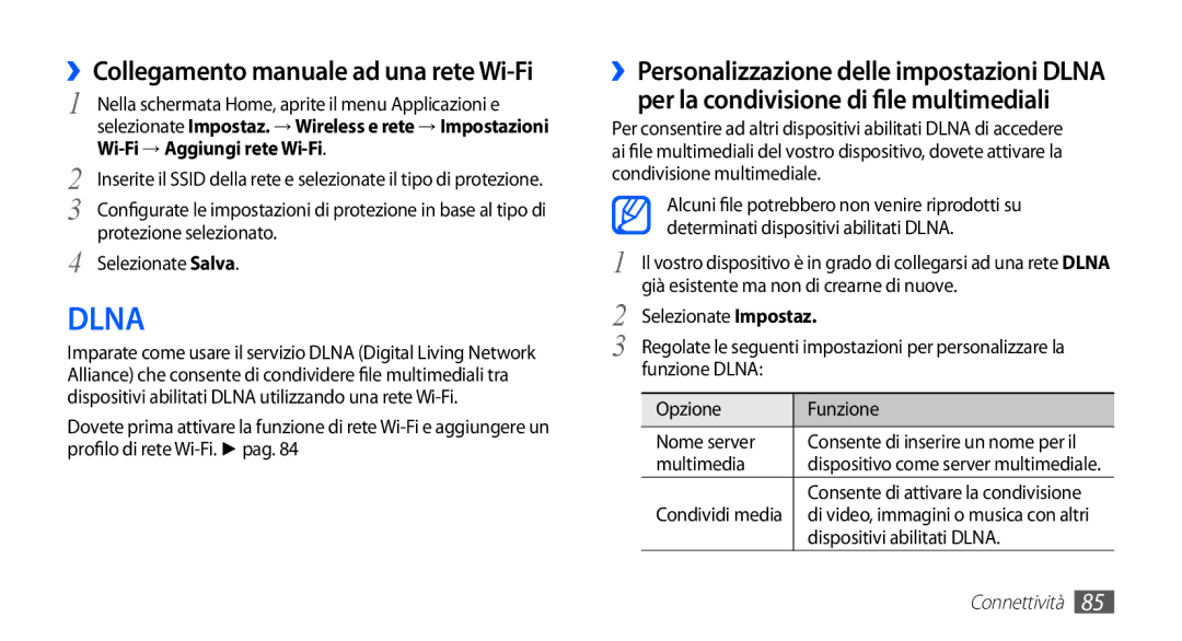 Samsung GT-S5830UWAWIN ››Collegamento manuale ad una rete Wi-Fi, Protezione selezionato Selezionate Salva, Multimedia 