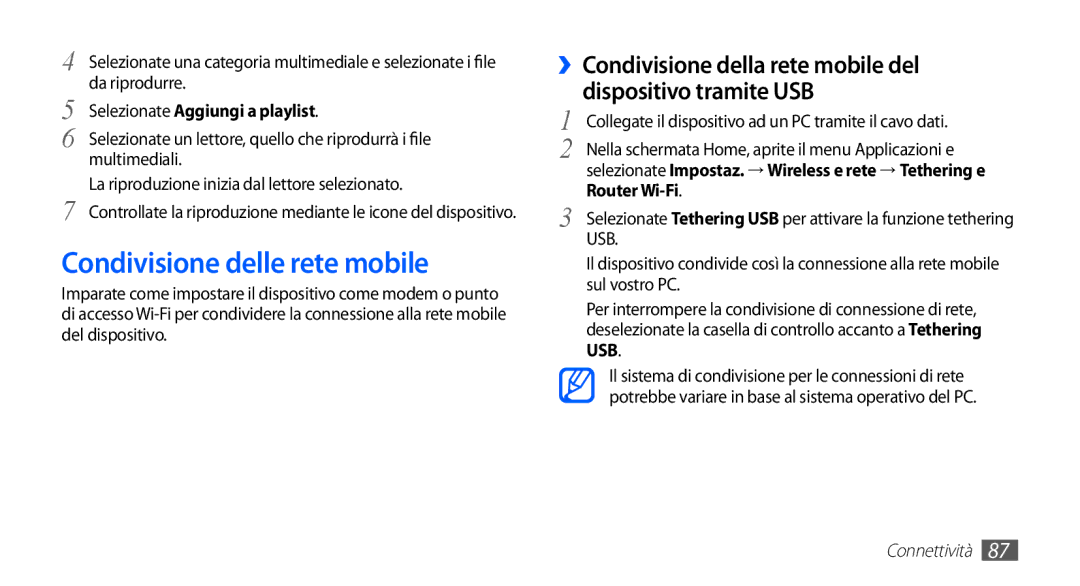 Samsung GT-S5830RWATIM, GT-S5830OKADBT, GT-S5830UWAWIN, GT-S5830XKATIM manual Condivisione delle rete mobile, Router Wi-Fi 