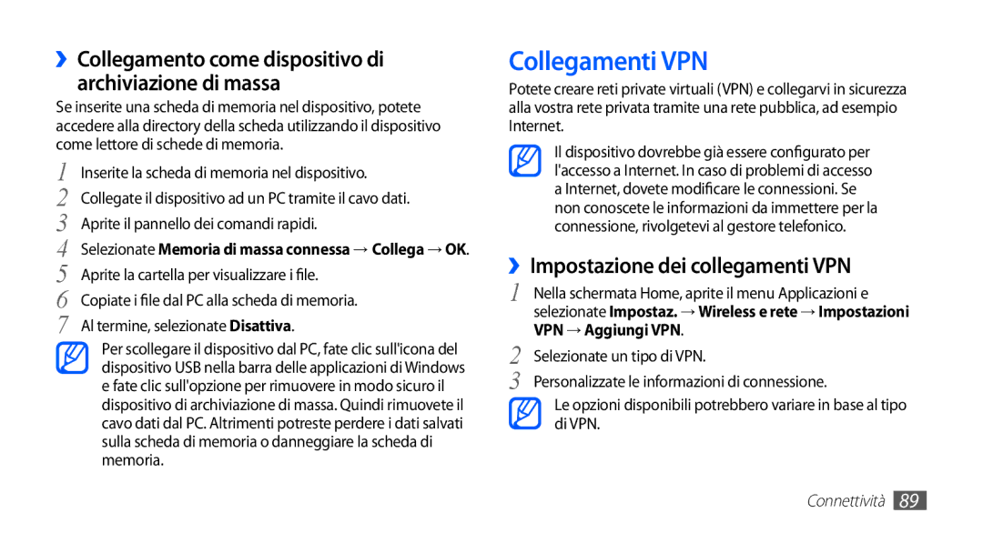 Samsung GT-S5830RWAWIN, GT-S5830OKADBT manual Collegamenti VPN, ››Impostazione dei collegamenti VPN, VPN → Aggiungi VPN 