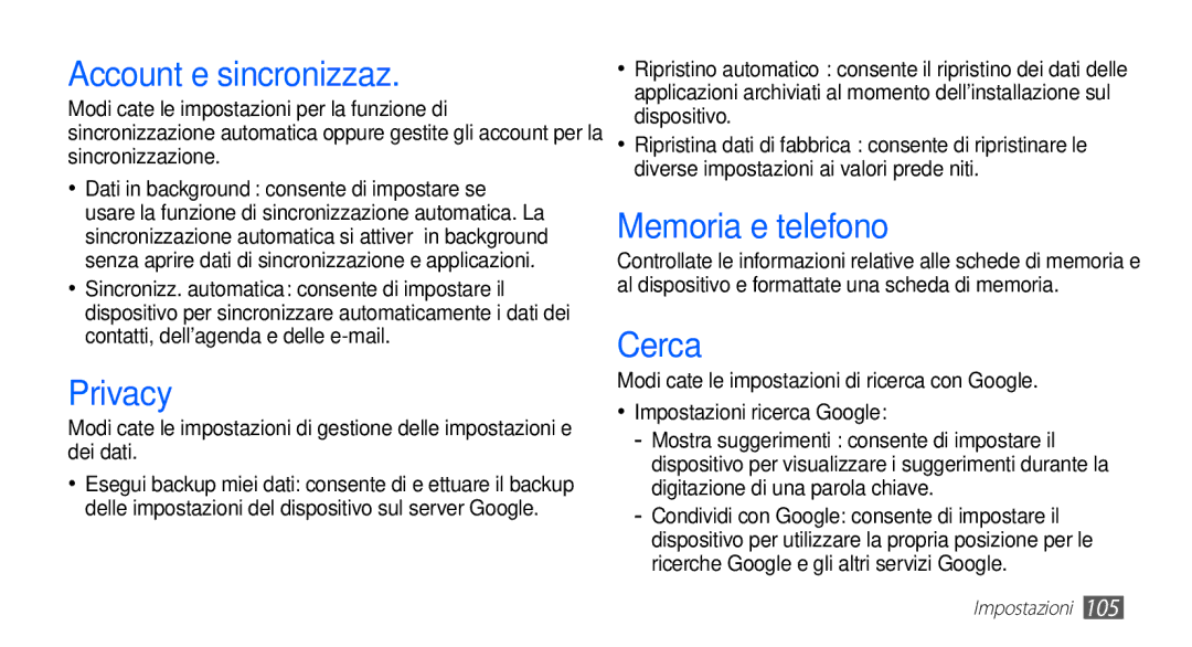 Samsung GT-S5830RWATIM manual Account e sincronizzaz, Privacy, Memoria e telefono, Cerca, Impostazioni ricerca Google 