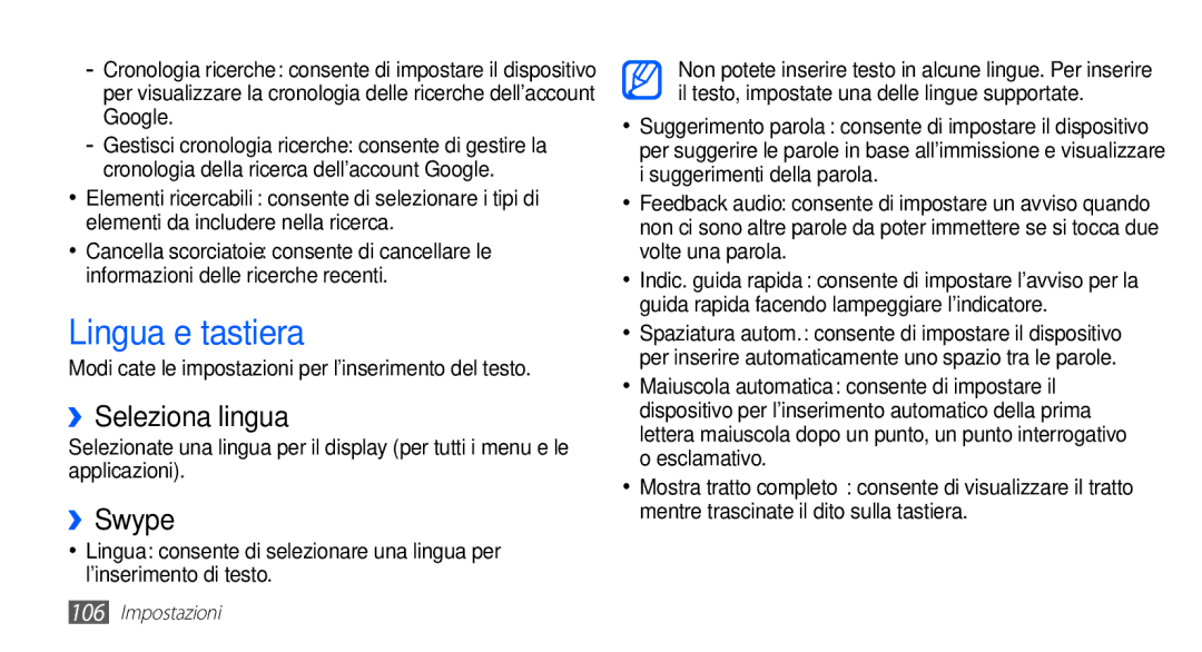 Samsung GT-S5830RWAITV manual Lingua e tastiera, ››Seleziona lingua, ››Swype, Suggerimenti della parola, Esclamativo 