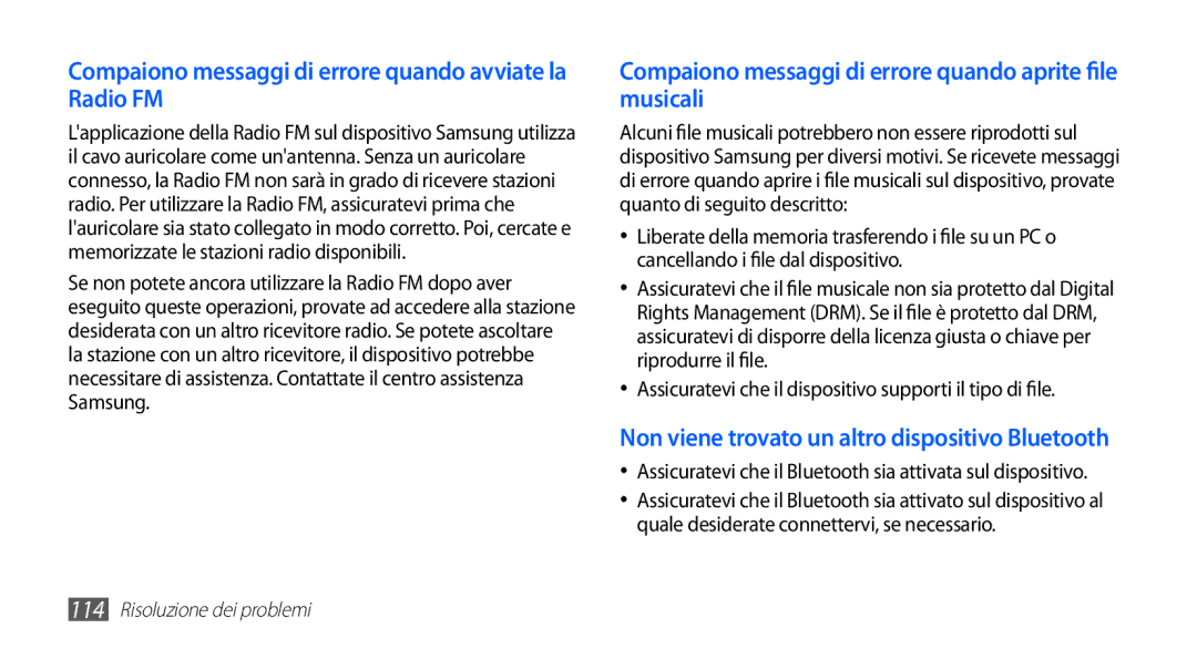 Samsung GT-S5830UWAITV, GT-S5830OKADBT, GT-S5830UWAWIN manual Compaiono messaggi di errore quando avviate la Radio FM 