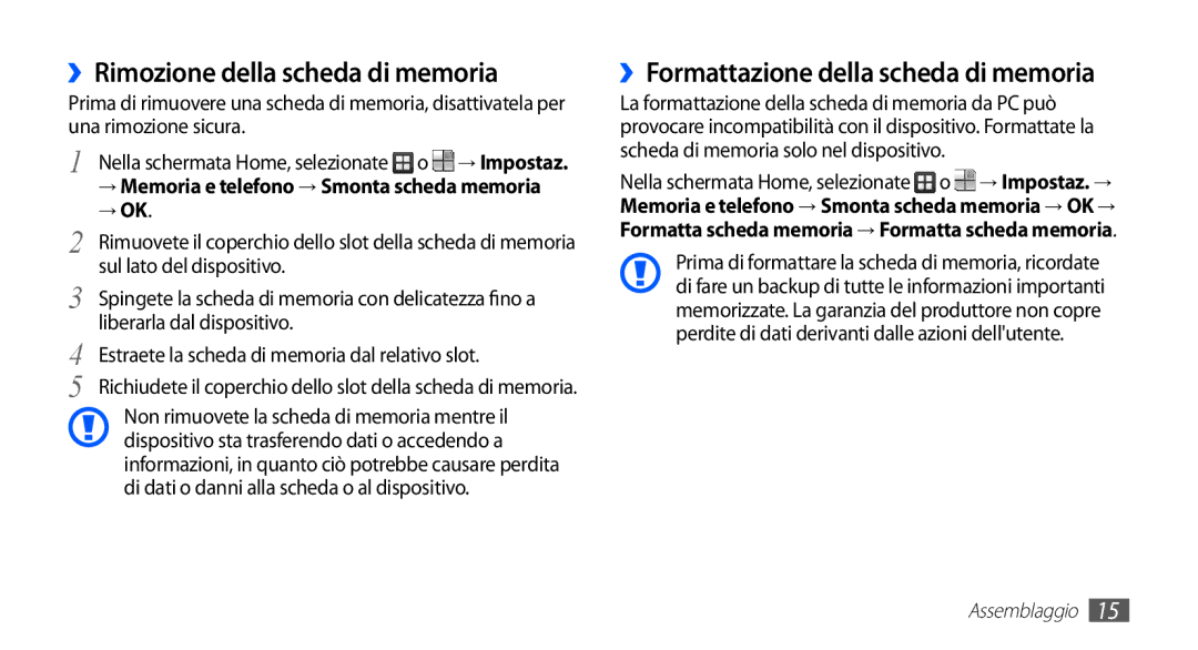 Samsung GT-S5830OKYITV, GT-S5830OKADBT ››Rimozione della scheda di memoria, ››Formattazione della scheda di memoria, → Ok 