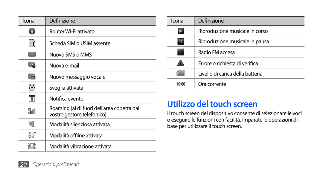 Samsung GT-S5830RWATIM, GT-S5830OKADBT, GT-S5830UWAWIN, GT-S5830XKATIM, GT-S5830RWAITV manual Utilizzo del touch screen 