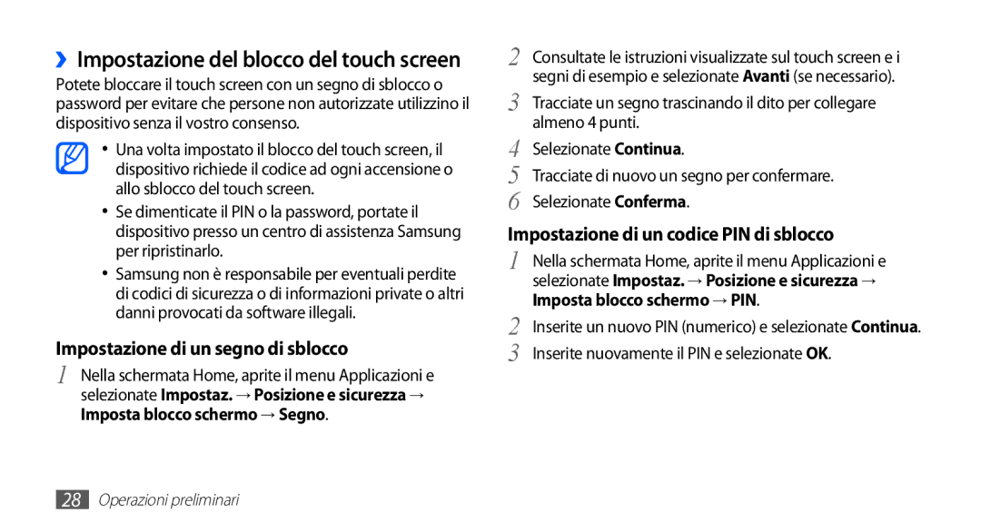 Samsung GT-S5830OKAWIN, GT-S5830OKADBT manual Imposta blocco schermo → PIN, Inserite nuovamente il PIN e selezionate OK 