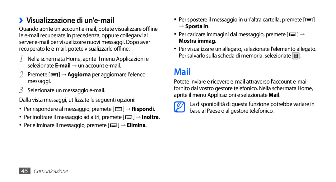 Samsung GT-S5830UWAITV, GT-S5830OKADBT, GT-S5830UWAWIN manual ››Visualizzazione di une-mail, Messaggi, → Sposta, Mostra immag 