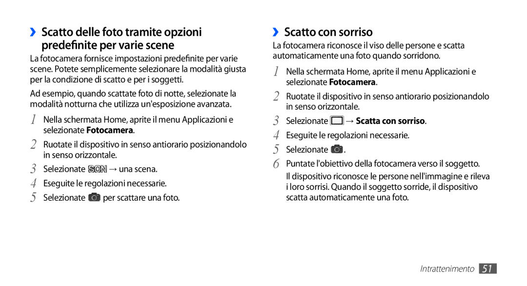 Samsung GT-S5830OKADBT, GT-S5830UWAWIN, GT-S5830XKATIM manual ››Scatto con sorriso, Selezionate Fotocamera, Senso orizzontale 