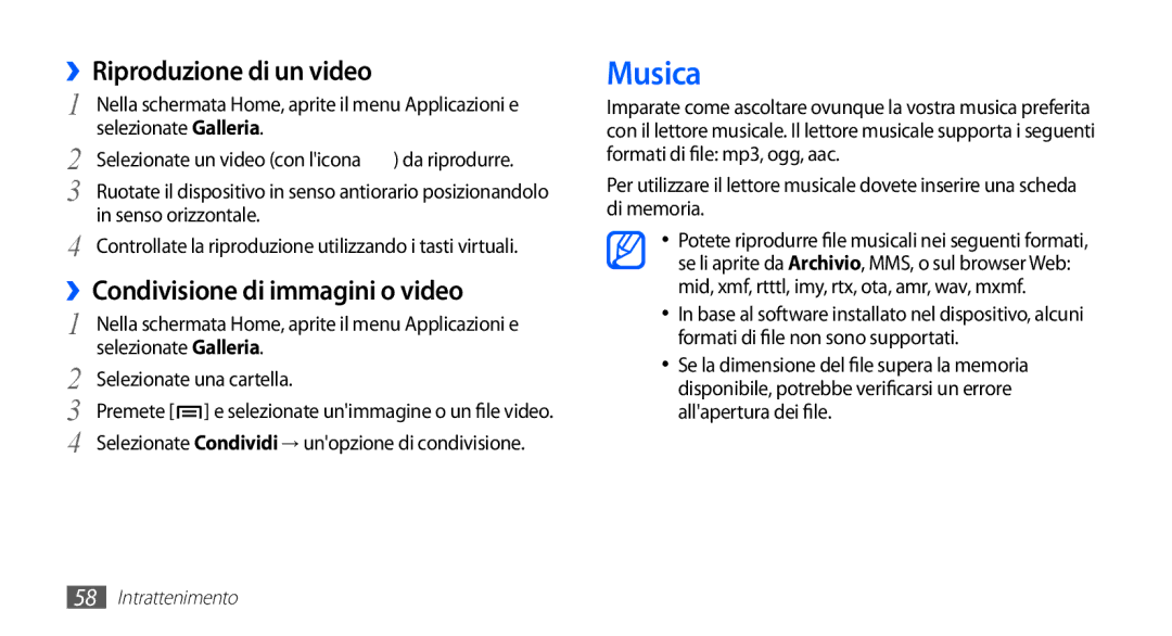 Samsung GT-S5830PPAITV manual Musica, ››Riproduzione di un video, ››Condivisione di immagini o video, Da riprodurre 