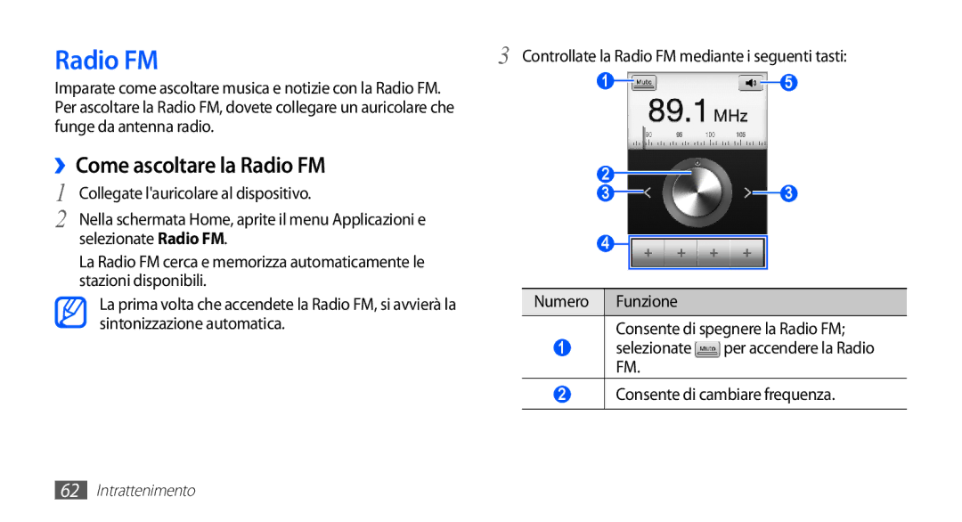 Samsung GT-S5830OKAWIN, GT-S5830OKADBT, GT-S5830UWAWIN, GT-S5830XKATIM, GT-S5830RWATIM manual ››Come ascoltare la Radio FM 