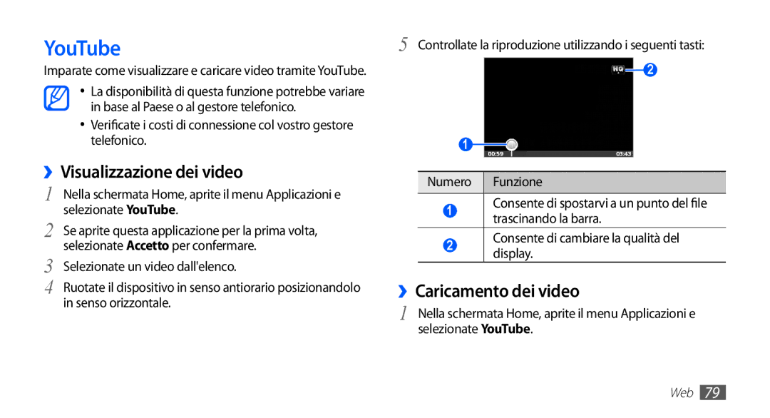 Samsung GT-S5830OKAWIN, GT-S5830OKADBT, GT-S5830UWAWIN manual YouTube, ››Visualizzazione dei video, ››Caricamento dei video 