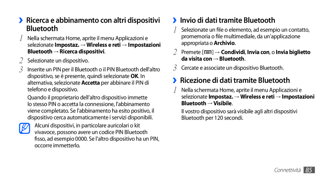 Samsung GT-S5830OKADBT, GT-S5830UWAWIN manual ››Invio di dati tramite Bluetooth, ››Ricezione di dati tramite Bluetooth 