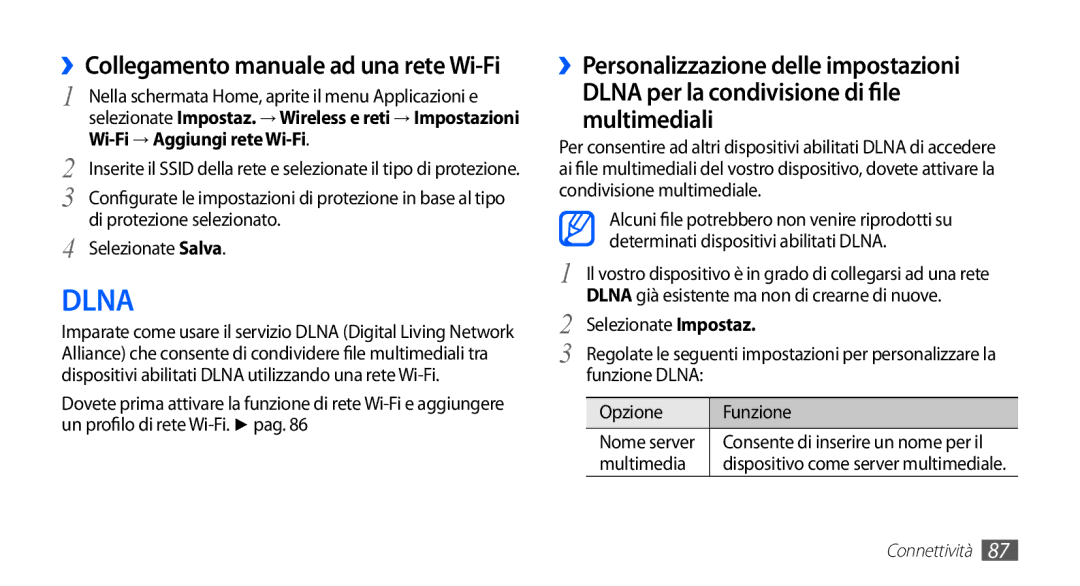 Samsung GT-S5830XKATIM ››Collegamento manuale ad una rete Wi-Fi, Di protezione selezionato Selezionate Salva, Multimedia 