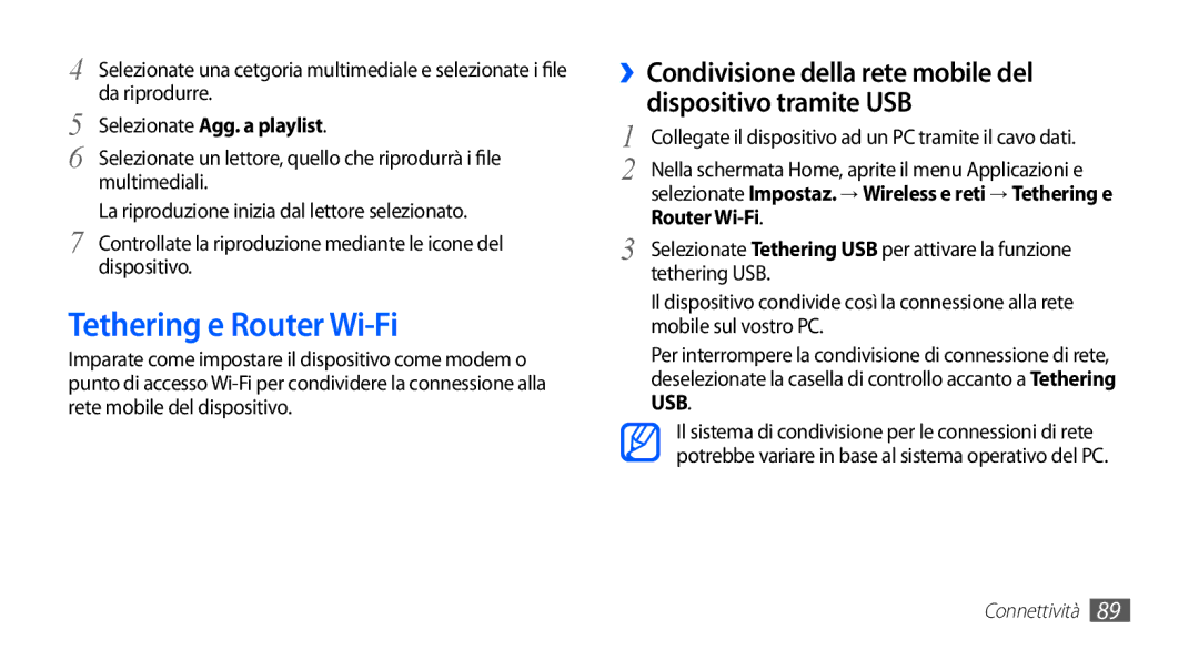 Samsung GT-S5830RWAITV, GT-S5830OKADBT, GT-S5830UWAWIN, GT-S5830XKATIM manual Tethering e Router Wi-Fi, Tethering USB 