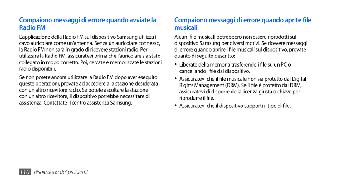 Samsung GT-S5830OKAITV, GT-S5830OKADBT, GT-S5830UWAWIN manual Compaiono messaggi di errore quando avviate la Radio FM 