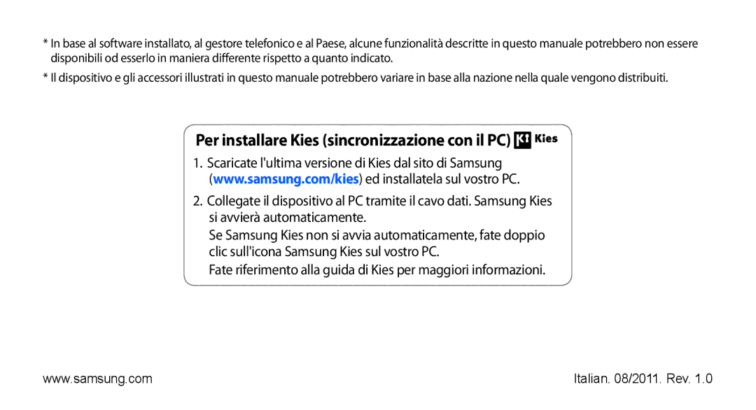 Samsung GT-S5830UWAOMN, GT-S5830OKADBT, GT-S5830UWAWIN, GT-S5830XKATIM manual Per installare Kies sincronizzazione con il PC 