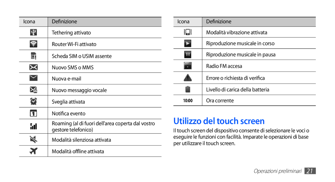 Samsung GT-S5830RWAITV, GT-S5830OKADBT, GT-S5830UWAWIN, GT-S5830XKATIM manual Utilizzo del touch screen, Ora corrente 