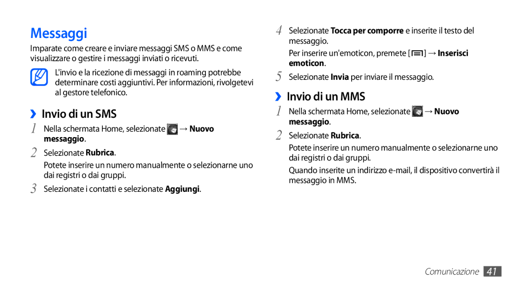 Samsung GT-S5830PPAITV, GT-S5830OKADBT, GT-S5830UWAWIN manual ››Invio di un SMS, ››Invio di un MMS, → Nuovo, Messaggio 