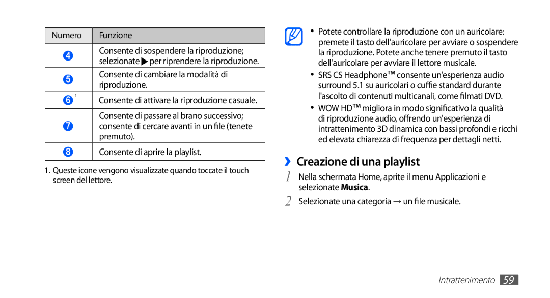 Samsung GT-S5830OKAITV ››Creazione di una playlist, Consente di cambiare la modalità di riproduzione, Selezionate Musica 