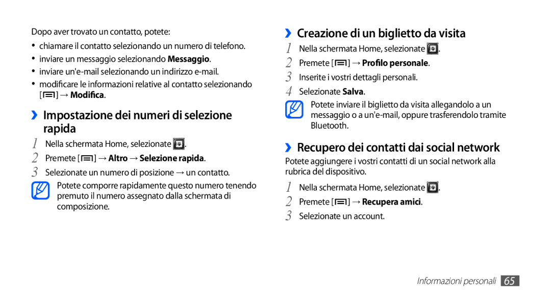 Samsung GT-S5830XKAOMN manual ››Impostazione dei numeri di selezione rapida, ››Creazione di un biglietto da visita 