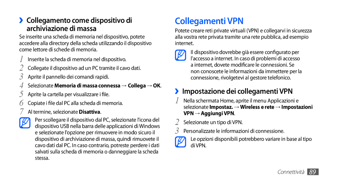 Samsung GT-S5830RWAITV, GT-S5830OKADBT manual Collegamenti VPN, ››Impostazione dei collegamenti VPN, VPN → Aggiungi VPN 