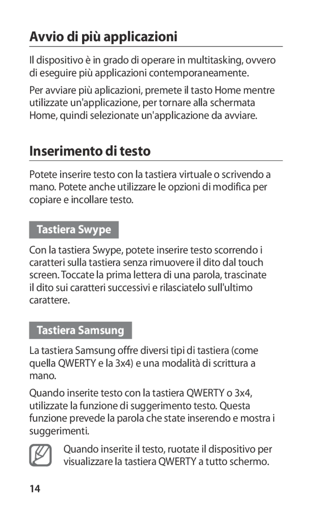 Samsung GT-S5830XKAOMN, GT-S5830OKADBT Avvio di più applicazioni, Inserimento di testo, Tastiera Swype, Tastiera Samsung 