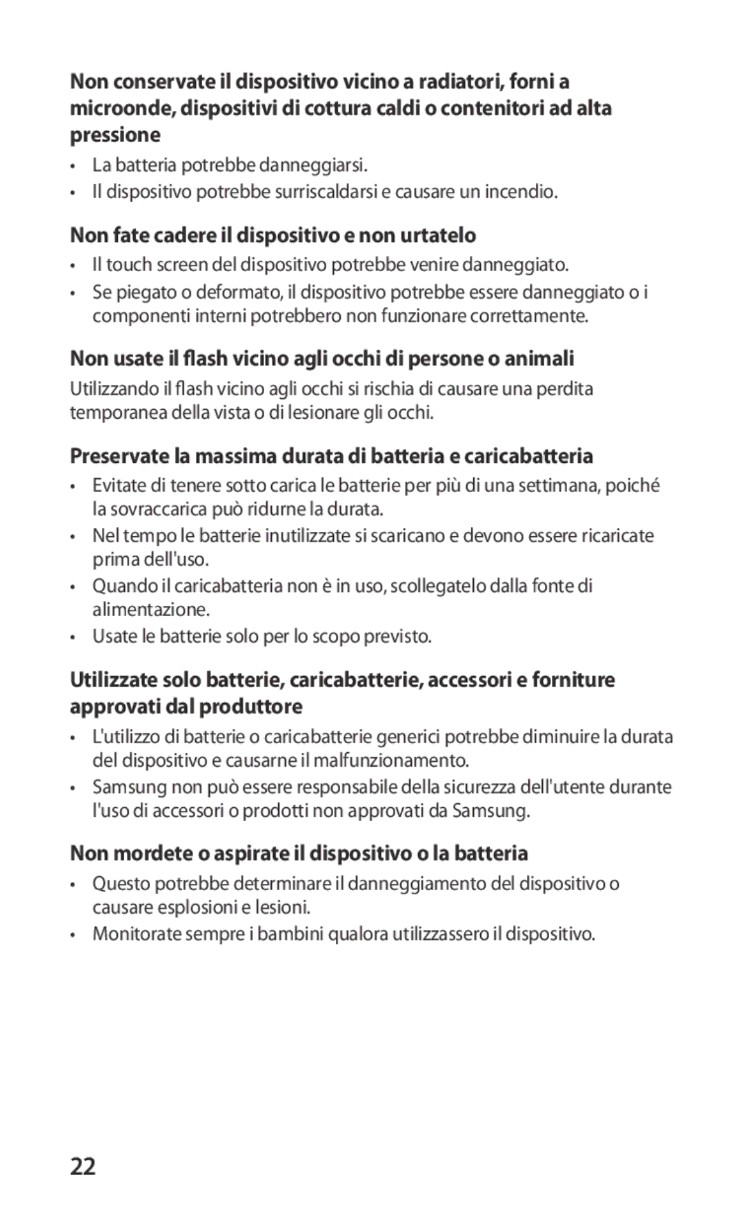 Samsung GT-S5830RWAWIN Non fate cadere il dispositivo e non urtatelo, Non mordete o aspirate il dispositivo o la batteria 