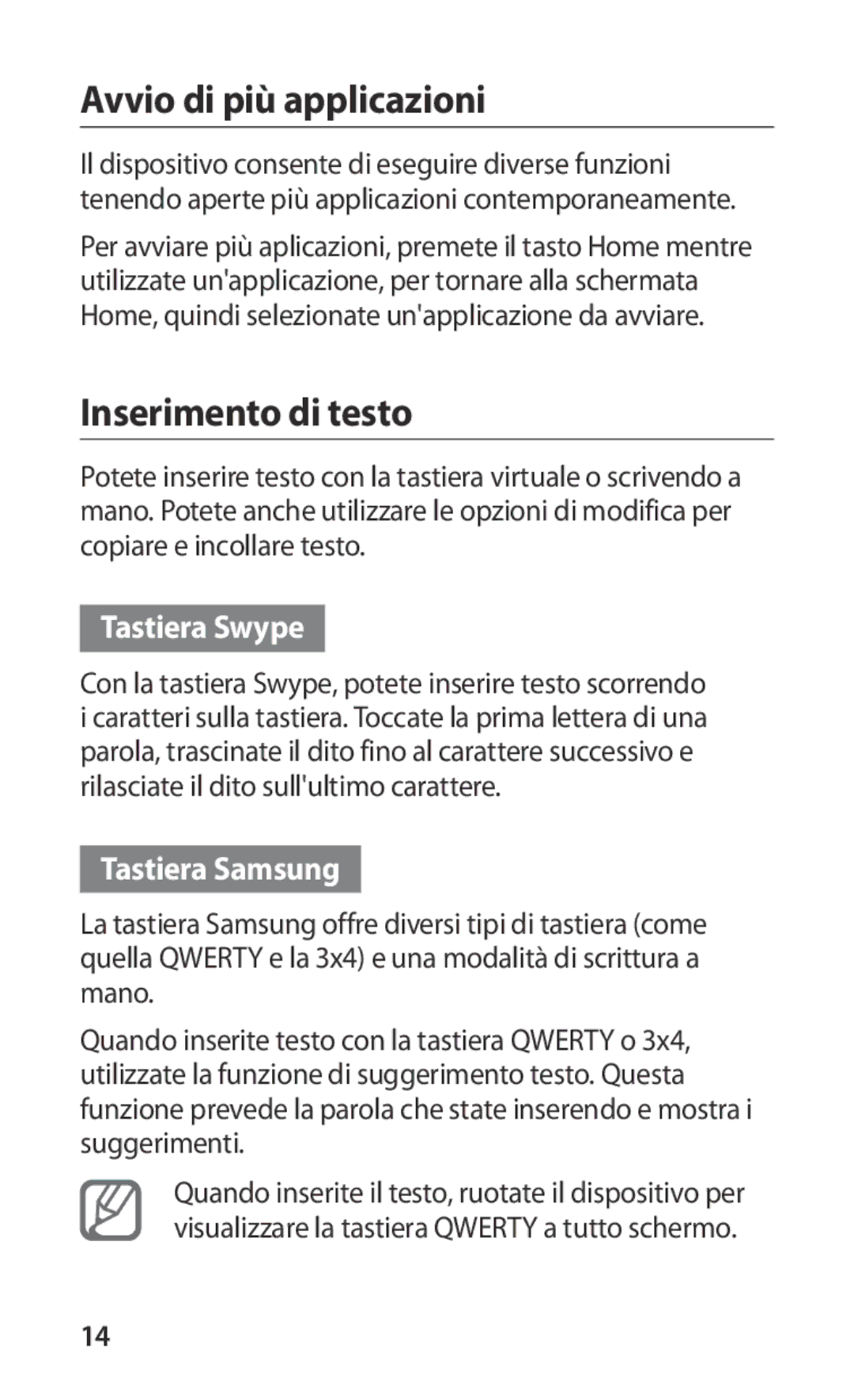 Samsung GT-S5830XKAOMN, GT-S5830OKADBT Avvio di più applicazioni, Inserimento di testo, Tastiera Swype, Tastiera Samsung 