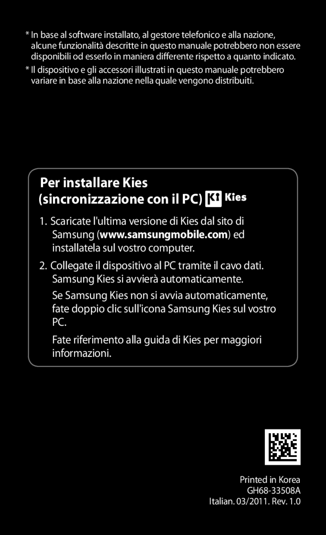 Samsung GT-S5830OKAOMN, GT-S5830OKADBT, GT-S5830UWAWIN, GT-S5830XKATIM manual Per installare Kies sincronizzazione con il PC 