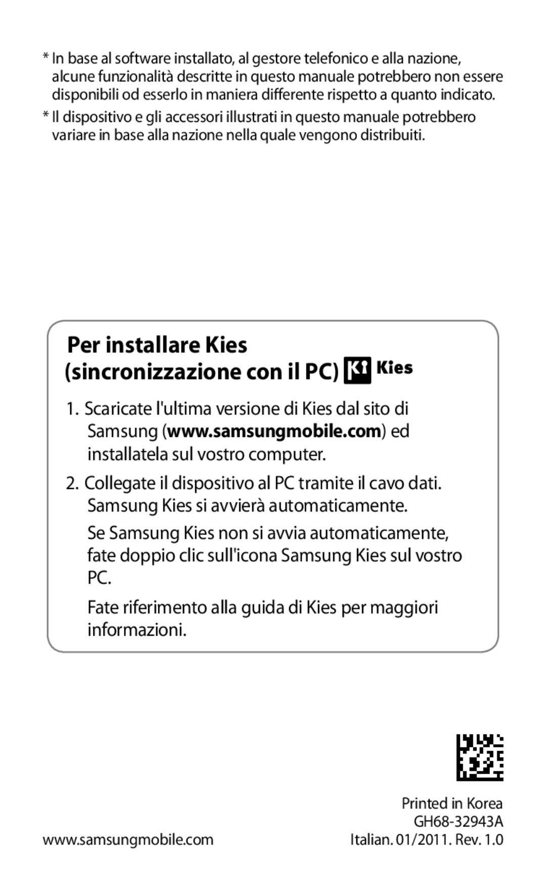 Samsung GT-S5830UWAWIN, GT-S5830OKADBT, GT-S5830XKATIM, GT-S5830RWATIM manual Per installare Kies sincronizzazione con il PC 