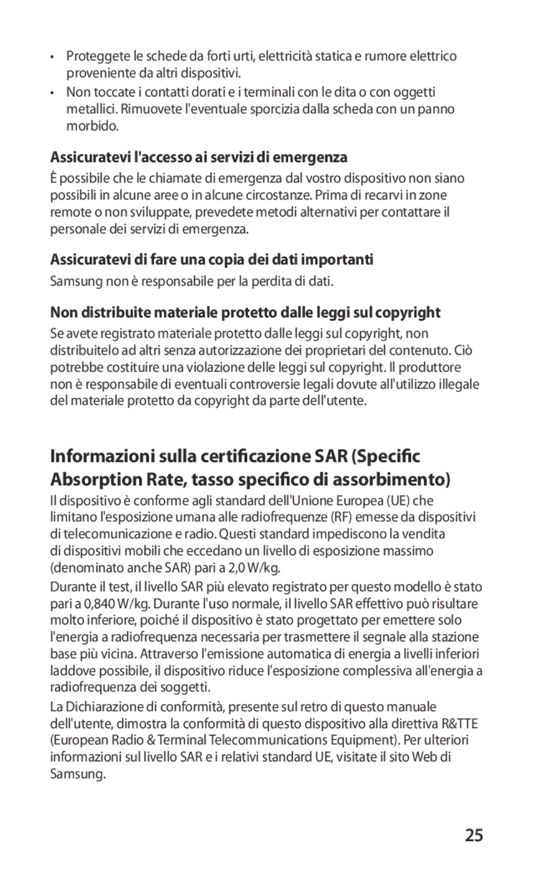 Samsung GT-S5830UWAOMN Assicuratevi laccesso ai servizi di emergenza, Assicuratevi di fare una copia dei dati importanti 