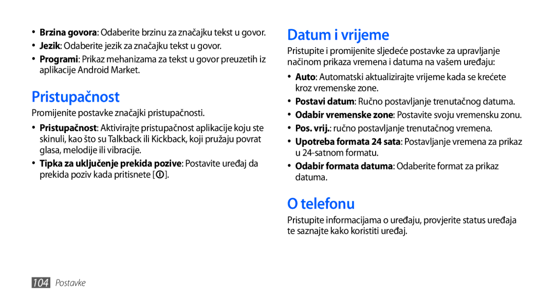 Samsung GT-S5830OKASMO manual Pristupačnost, Datum i vrijeme, Telefonu, Promijenite postavke značajki pristupačnosti 