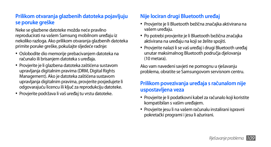 Samsung GT-S5830OKATRA manual Nije lociran drugi Bluetooth uređaj, Provjerite podržava li vaš uređaj tu vrstu datoteke 