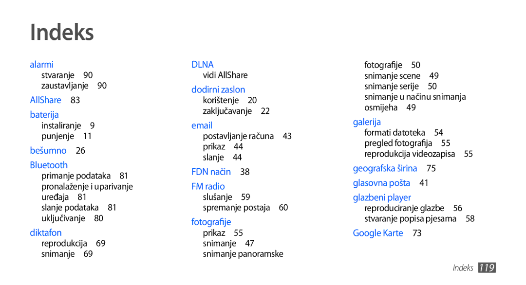 Samsung GT-S5830OKACRO, GT-S5830OKASMO, GT-S5830OKAVIP manual Indeks, Vidi AllShare, FM radio slušanje 59 spremanje postaja  