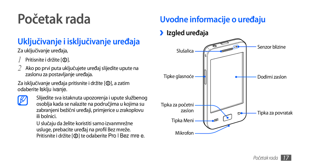 Samsung GT-S5830OKAVIP Početak rada, Uključivanje i isključivanje uređaja, Uvodne informacije o uređaju, ››Izgled uređaja 