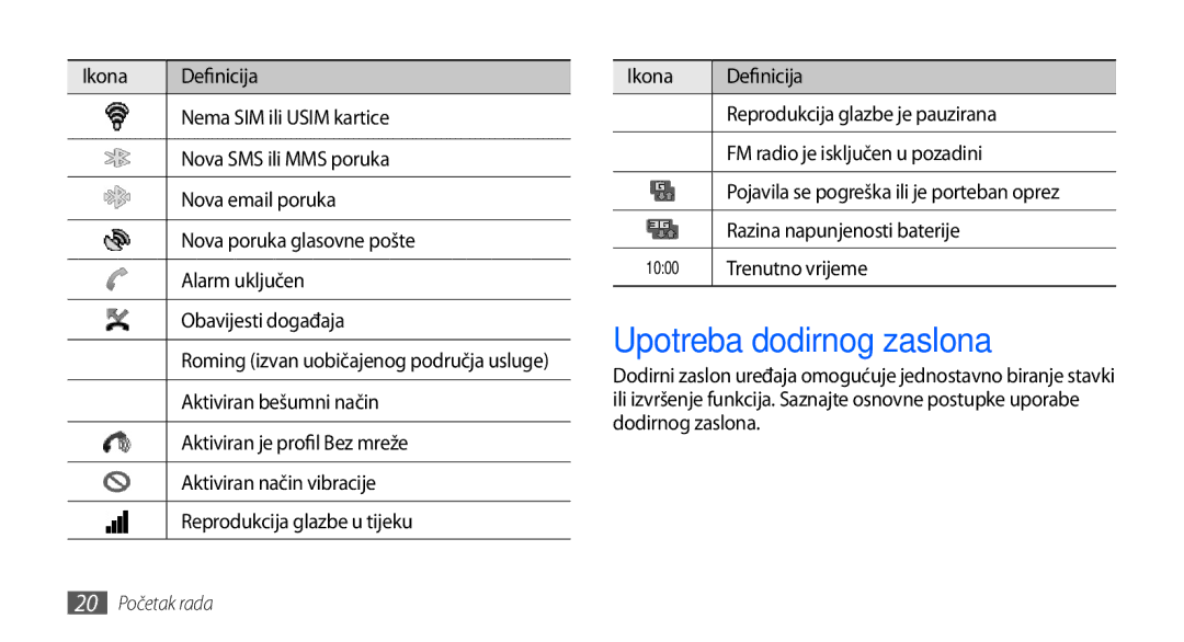 Samsung GT-S5830OKATWO, GT-S5830OKASMO manual Upotreba dodirnog zaslona, Razina napunjenosti baterije, Trenutno vrijeme 