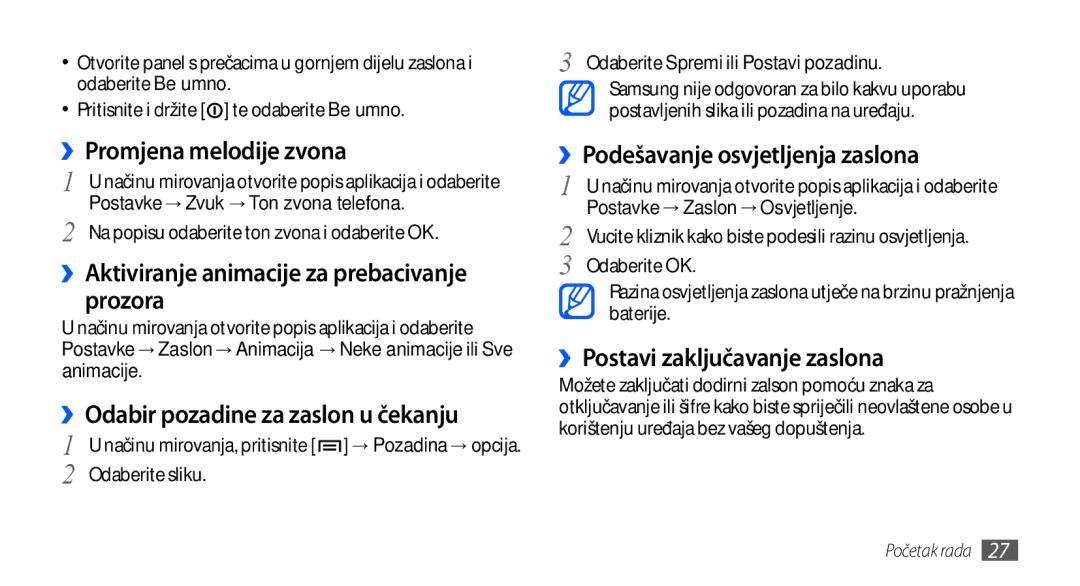 Samsung GT-S5830OKACRG, GT-S5830OKASMO manual ››Promjena melodije zvona, ››Aktiviranje animacije za prebacivanje prozora 