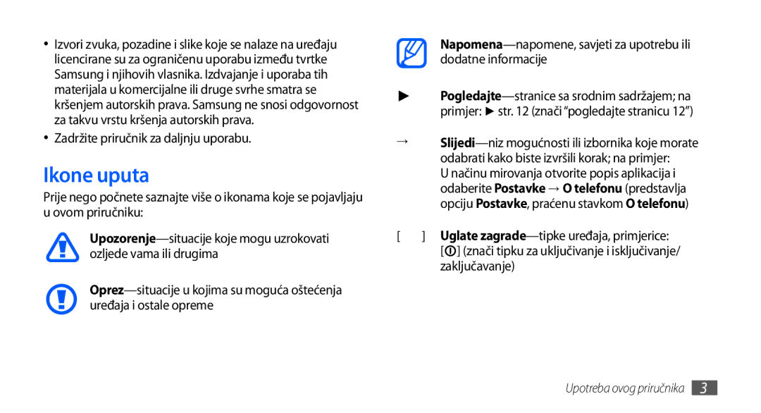 Samsung GT-S5830OKACRG, GT-S5830OKASMO, GT-S5830OKAVIP Ikone uputa, Zadržite priručnik za daljnju uporabu, Zaključavanje 