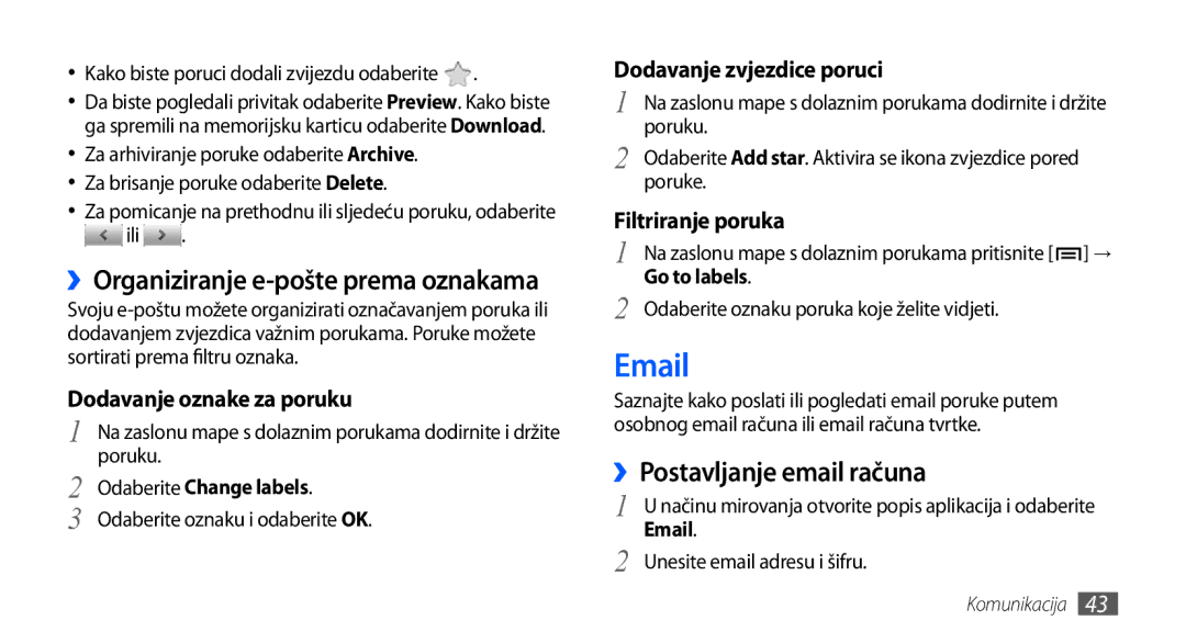 Samsung GT-S5830OKACRG manual ››Postavljanje email računa, ››Organiziranje e-pošte prema oznakama, Odaberite Change labels 