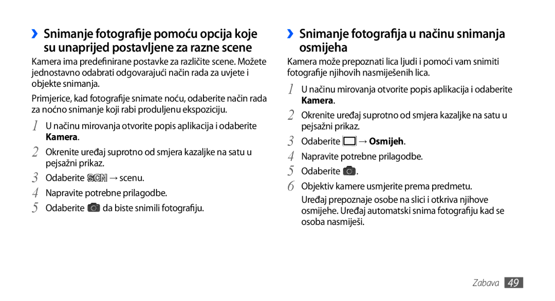 Samsung GT-S5830OKAVIP, GT-S5830OKASMO manual ››Snimanje fotografija u načinu snimanja osmijeha, Kamera, Pejsažni prikaz 