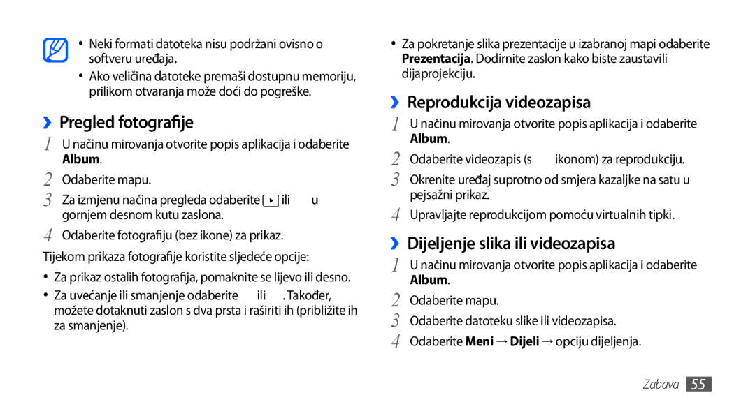 Samsung GT-S5830OKACRO manual ››Pregled fotografije, ››Reprodukcija videozapisa, ››Dijeljenje slika ili videozapisa, Album 