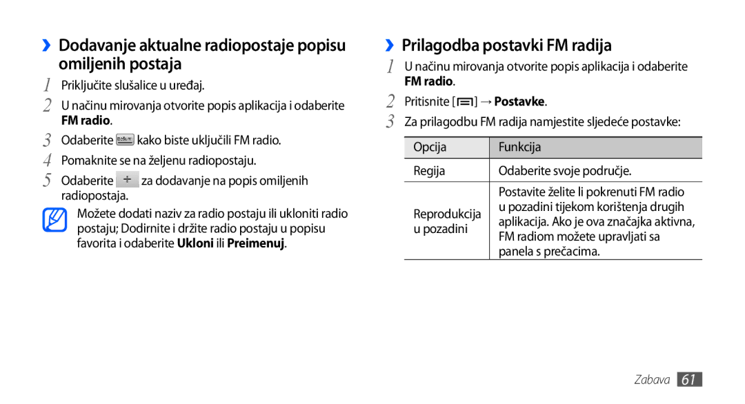 Samsung GT-S5830OKATRA manual ››Prilagodba postavki FM radija, ››Dodavanje aktualne radiopostaje popisu omiljenih postaja 