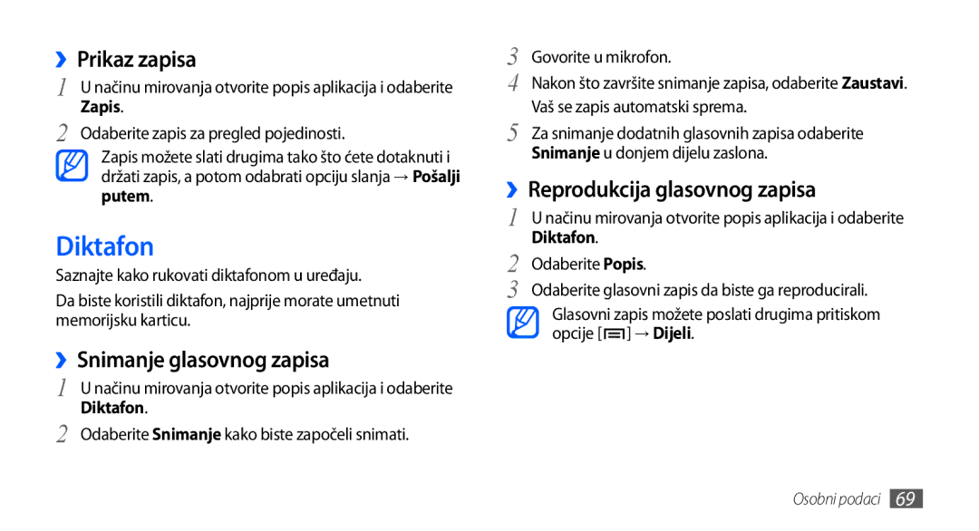 Samsung GT-S5830OKATRA manual Diktafon, ››Prikaz zapisa, ››Snimanje glasovnog zapisa, ››Reprodukcija glasovnog zapisa 