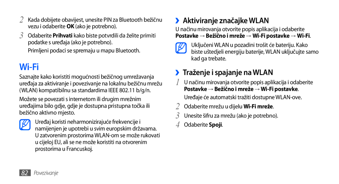 Samsung GT2S5830OKAVIP, GT-S5830OKASMO, GT-S5830OKAVIP Wi-Fi, ››Aktiviranje značajke Wlan, ››Traženje i spajanje na Wlan 