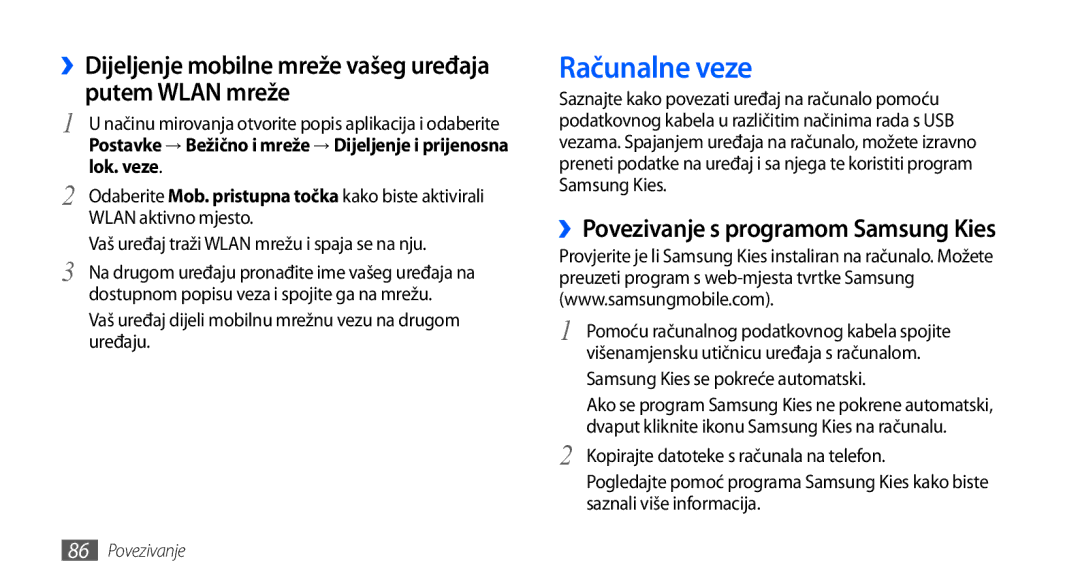 Samsung GT2S5830OKATRA manual Računalne veze, ››Dijeljenje mobilne mreže vašeg uređaja putem Wlan mreže, Lok. veze 