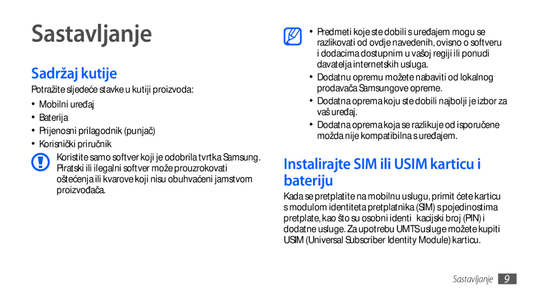 Samsung GT-S5830OKAVIP, GT-S5830OKASMO manual Sastavljanje, Sadržaj kutije, Instalirajte SIM ili Usim karticu i bateriju 